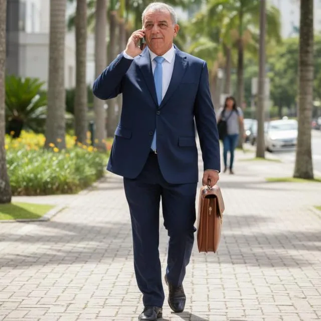 Daniel Silva, corretor de imóveis, em uma calçada arborizada